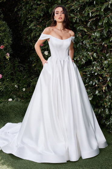 Off-Shoulder Satin Corset Wedding Gown with Flowing A-Line Skirt CDCDS513W-1