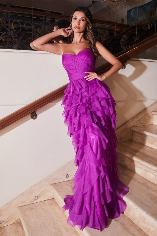 Purple, Black, Green, Red Strapless Layered Ruffle Tulle Gown CDCZ0027-0
