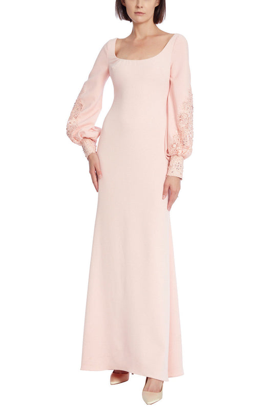 Badgley Mischka scoop neck lace detail bishop sleeve zipper back solid stretch crepe gown-0