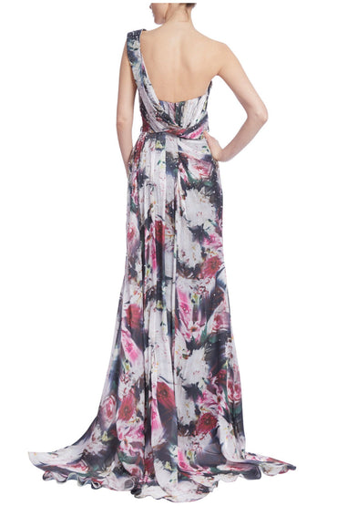 Badgley Mischka Beaded Floral One-Shoulder Front Slit Gown