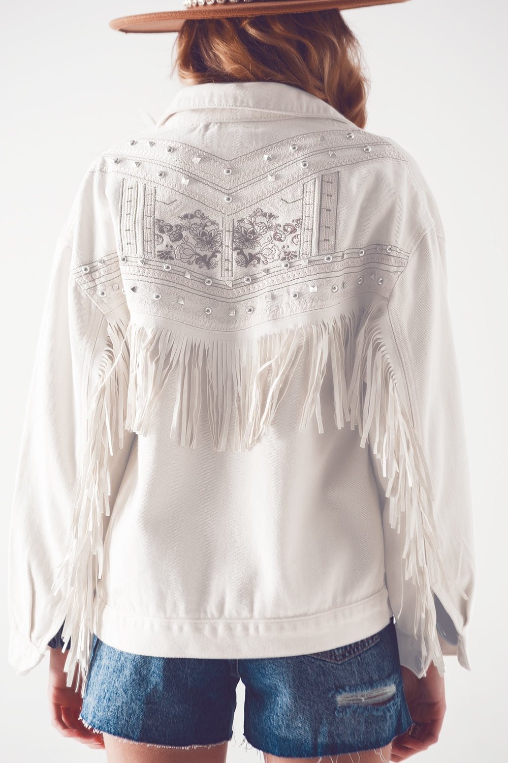 Embellished Fringe Denim Embroidered Jacket in White-3
