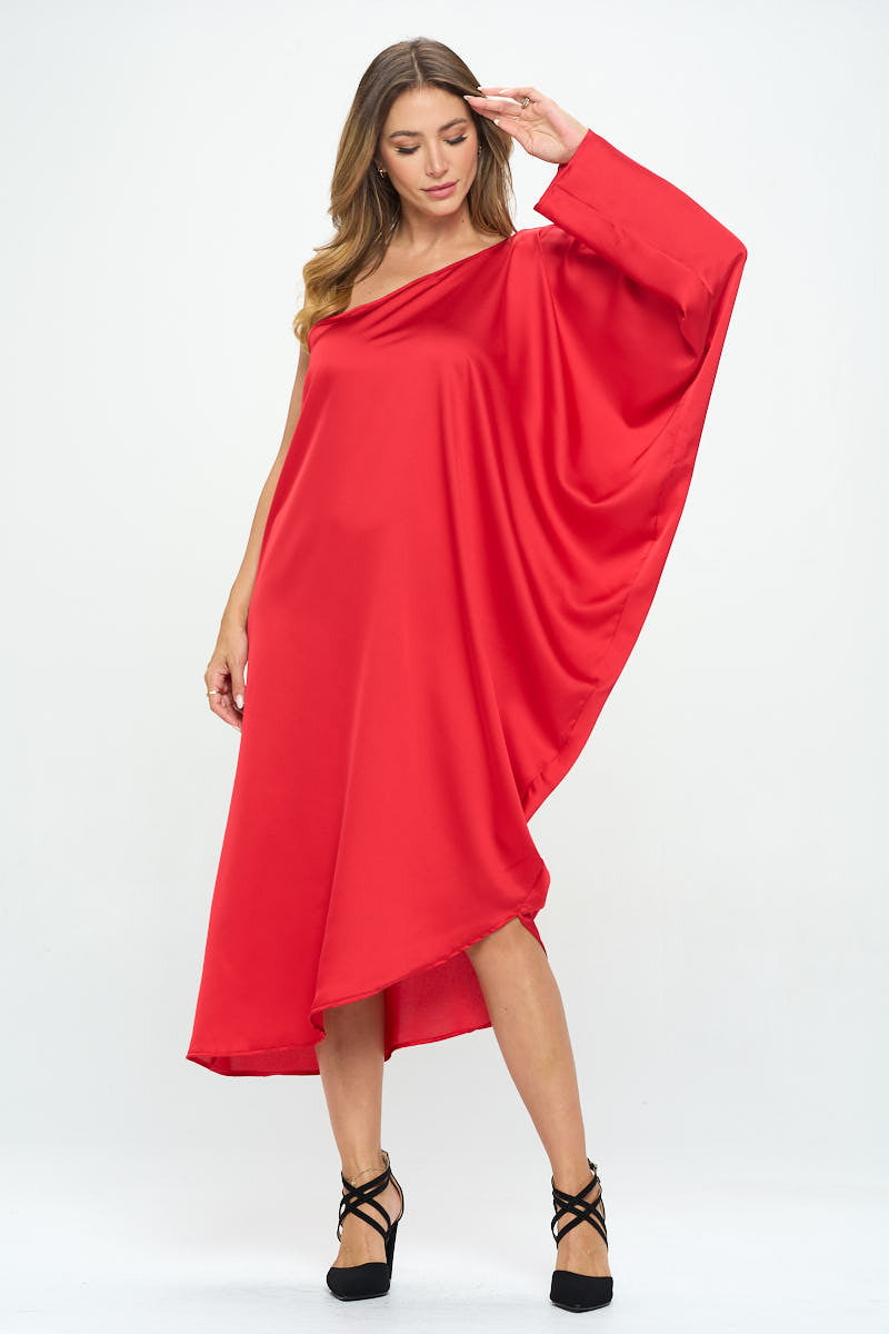 Satin Oversize One Shoulder Asymmetrical Dress