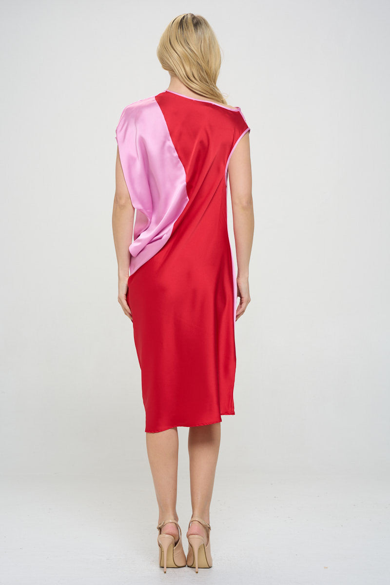 Asymmetric Color block Midi Dress with Drop Shoulder-4