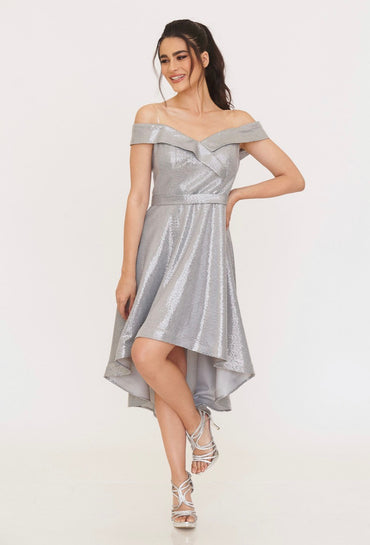 Shiny Silver Evening dress off Shoulders-1