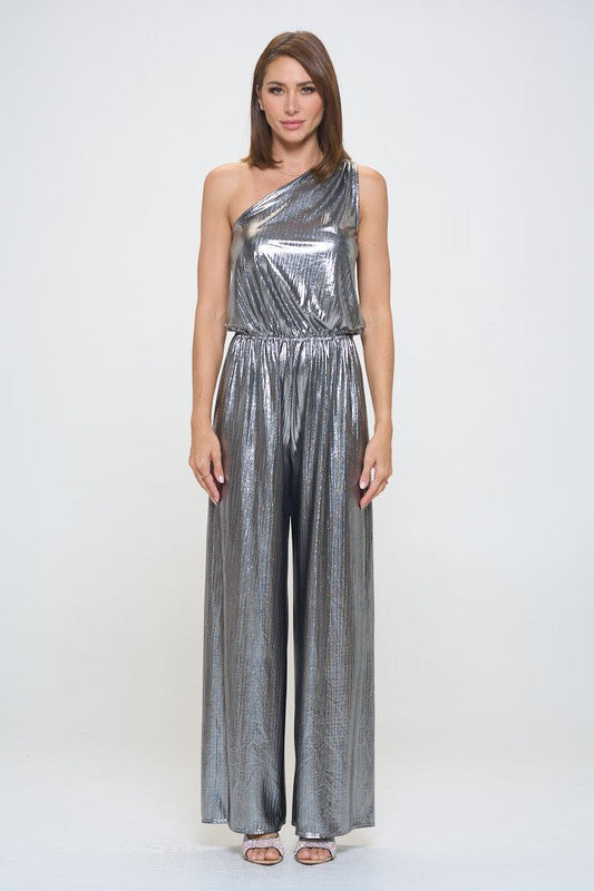 Metallic One Shoulder Wide Leg Jumpsuit