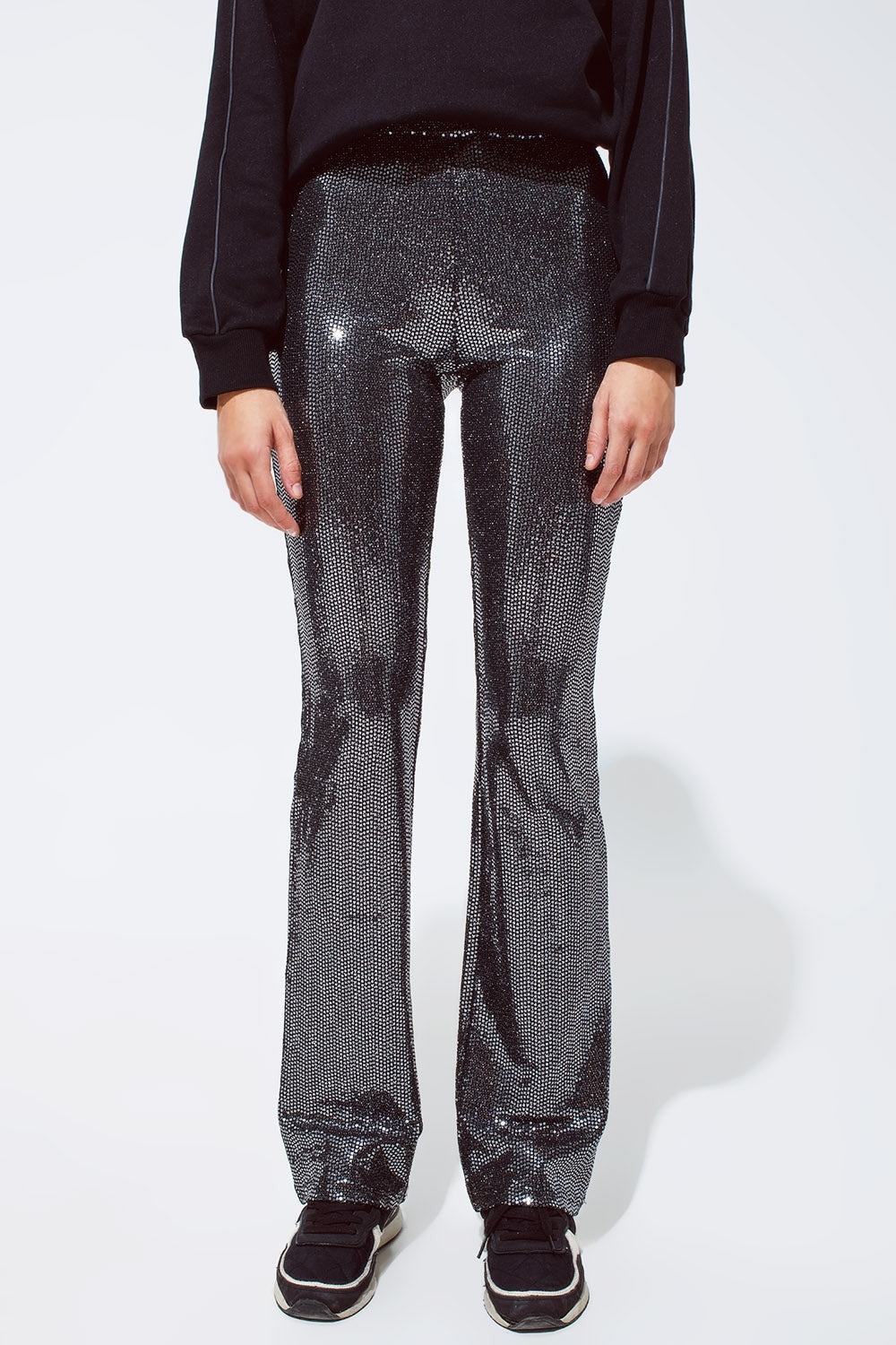 Metallic Fabric Flare Leggings in Silver