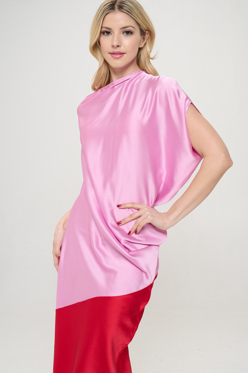 Asymmetric Color block Midi Dress with Drop Shoulder-0