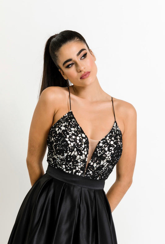 Long Satin Dress with lace and hems on the corset with open back-0