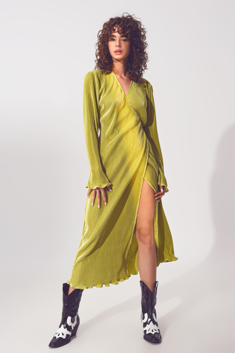 Satin Wrap Detail Pleated Dress in Green-2