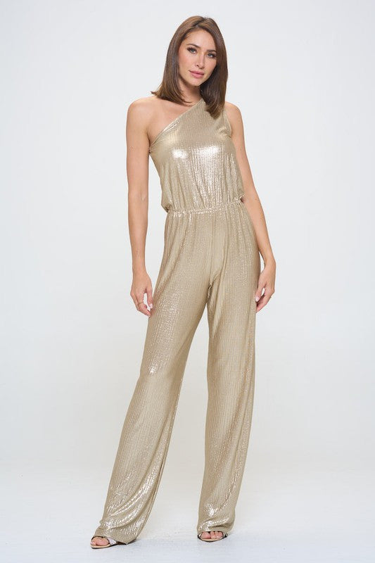 Metallic One Shoulder Wide Leg Jumpsuit-2