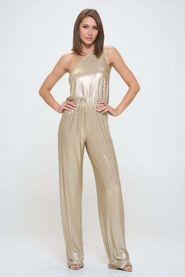 Metallic One Shoulder Wide Leg Jumpsuit-1