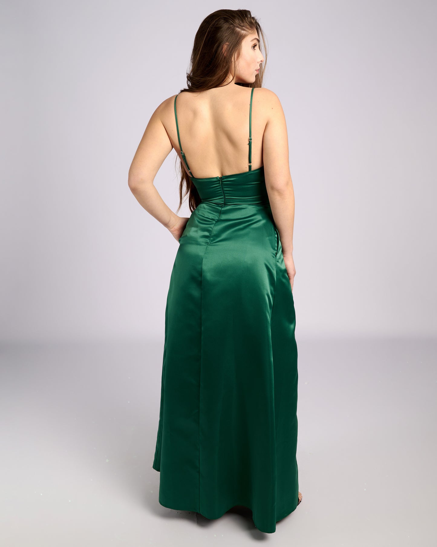 Ofelia Emerald Satin High Slit Dress "evening dresses" foremata gia gamo-4