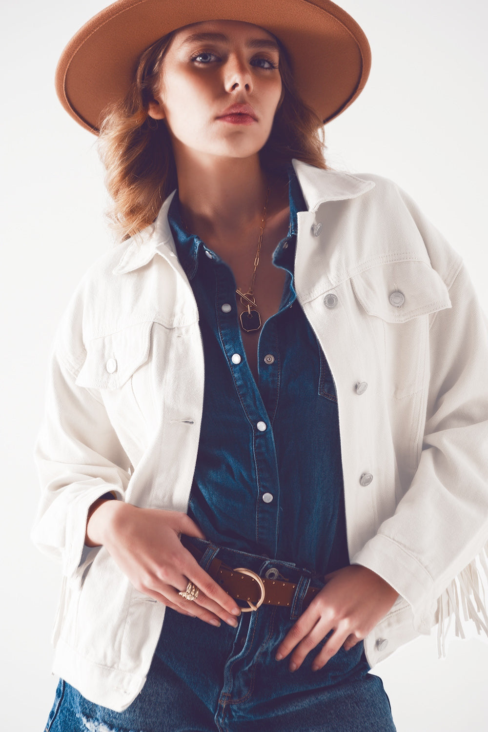 Embellished Fringe Denim Embroidered Jacket in White-2