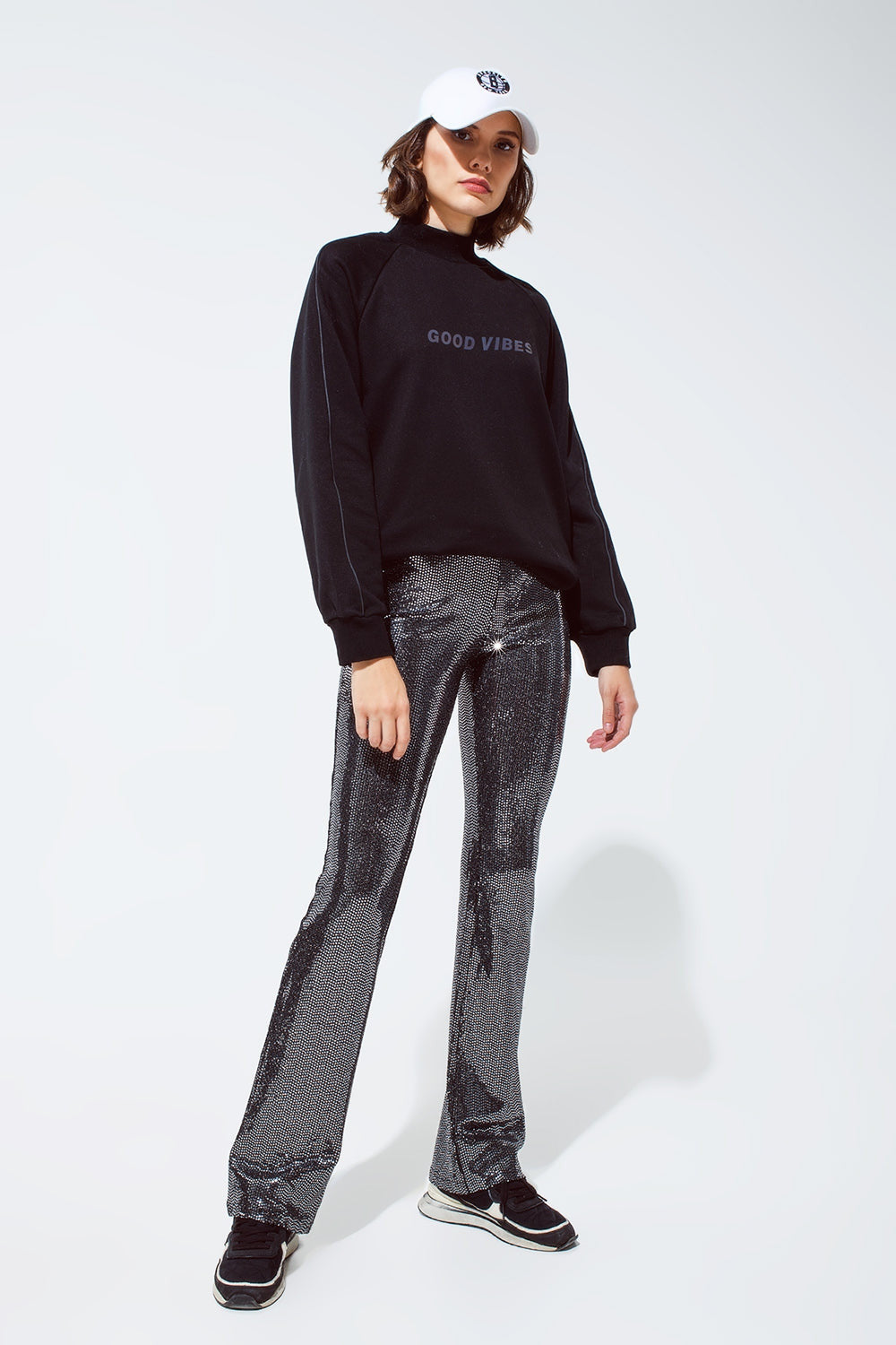 Metallic Fabric Flare Leggings in Silver