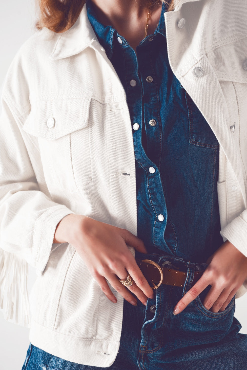 Embellished Fringe Denim Embroidered Jacket in White-4
