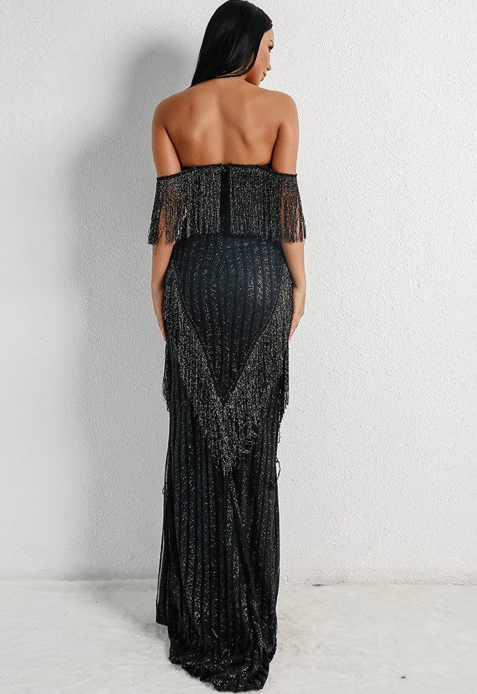 Black Fringe Evening Gown-3