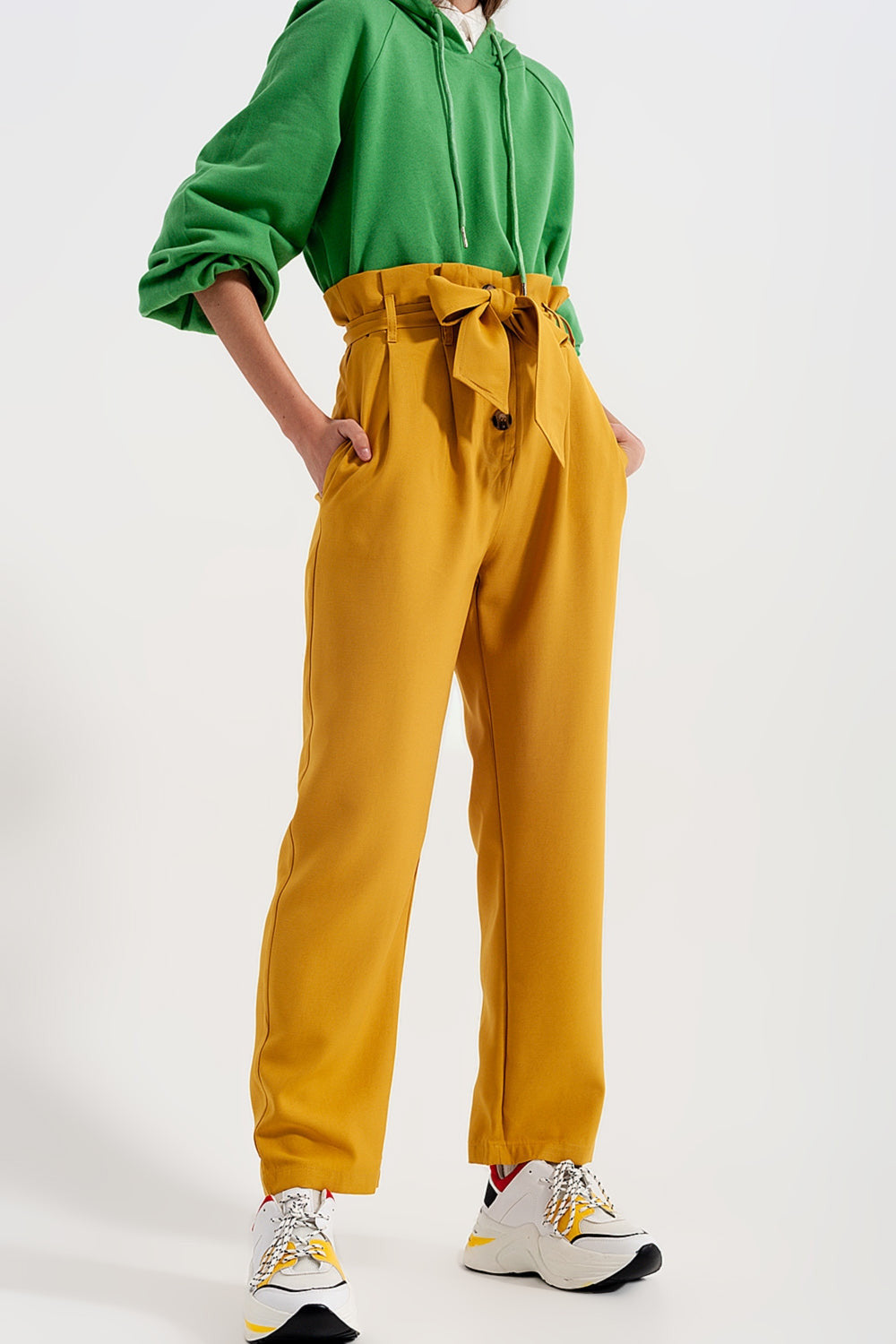 High Waist Belted Trousers in Yellow-0