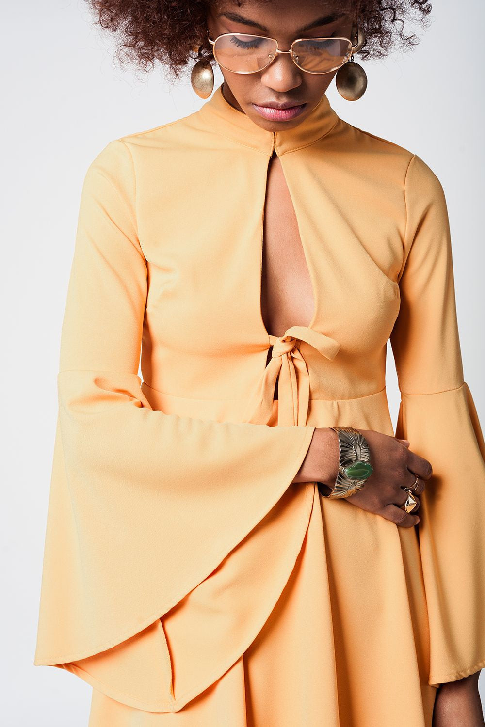 Yellow Bell Sleeve Plunge Dress-3