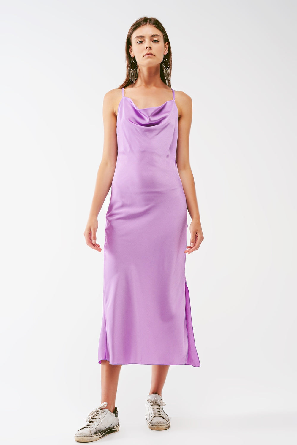 Satin Midi Dress With Cowl Neck in Lilac