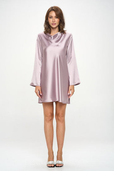 Satin Cowl Neck Long Sleeve Dress-1
