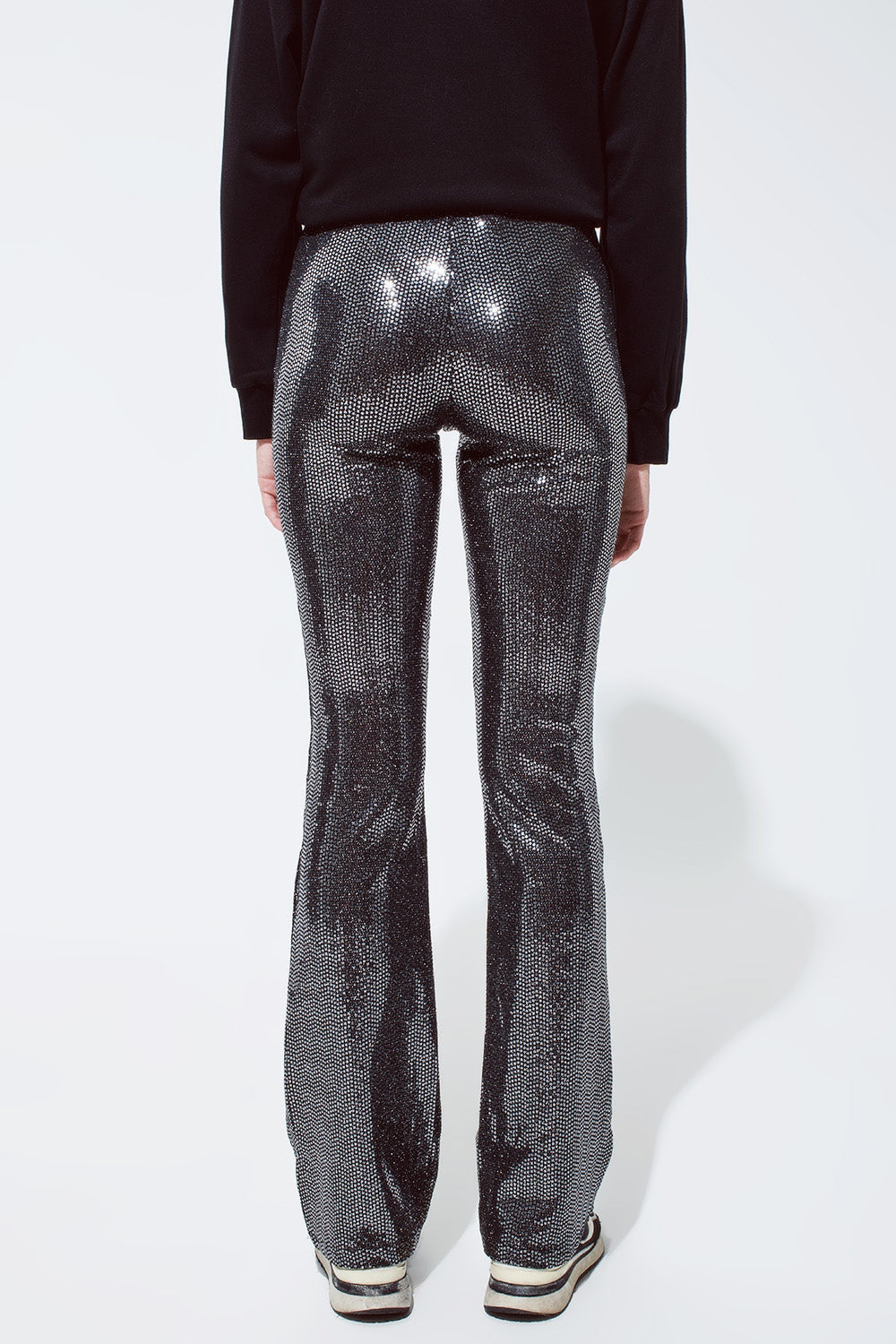 Metallic Fabric Flare Leggings in Silver