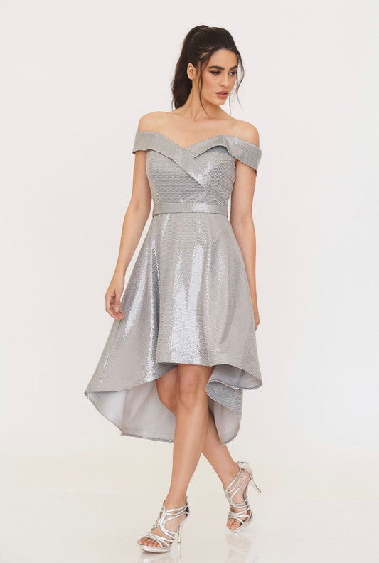Shiny Silver Evening dress off Shoulders-0