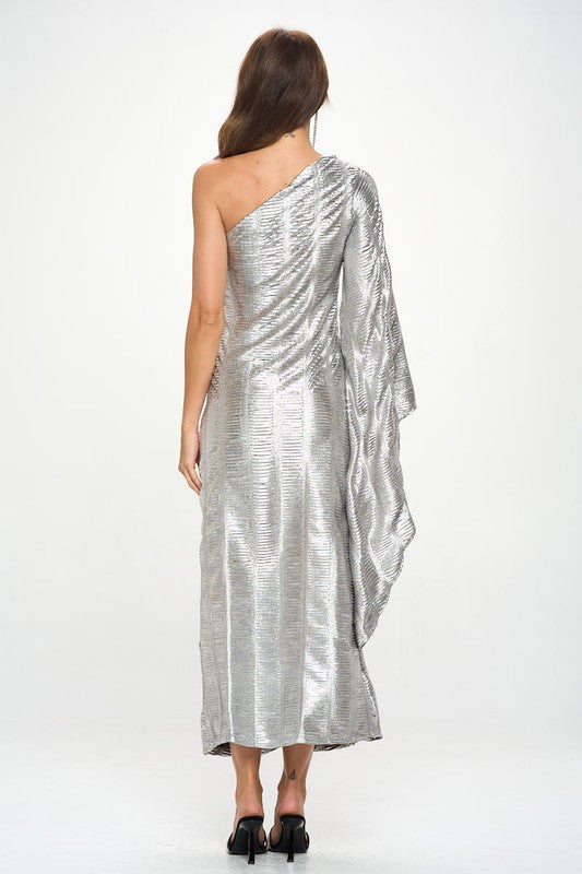 Metallic One Shoulder Bell Sleeve Maxi Dress-5