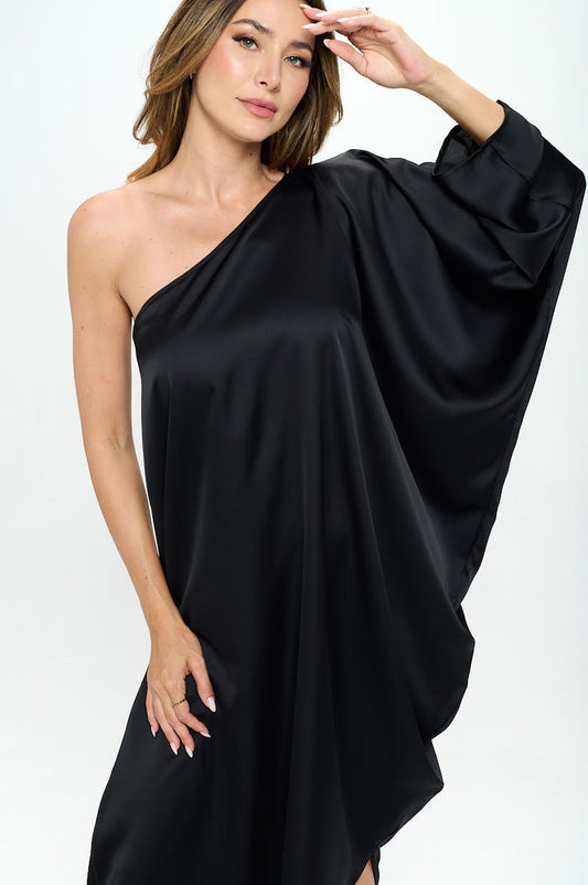 Satin Oversize One Shoulder Asymmetrical Dress-0