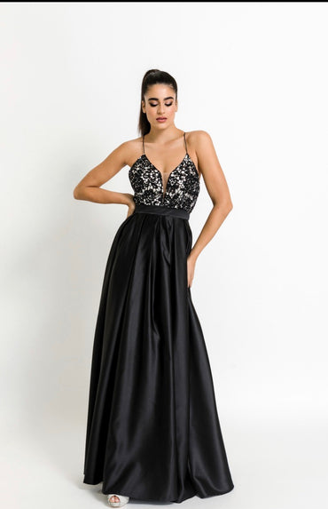Long Satin Dress with lace and hems on the corset with open back-1