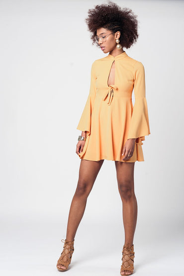 Yellow Bell Sleeve Plunge Dress-1