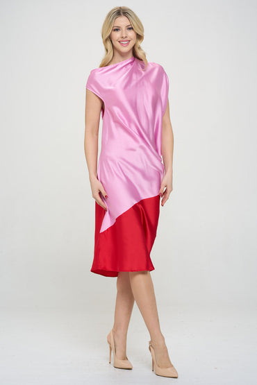 Asymmetric Color block Midi Dress with Drop Shoulder-1