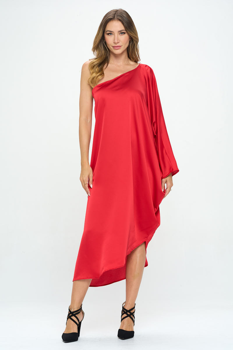 Satin Oversize One Shoulder Asymmetrical Dress