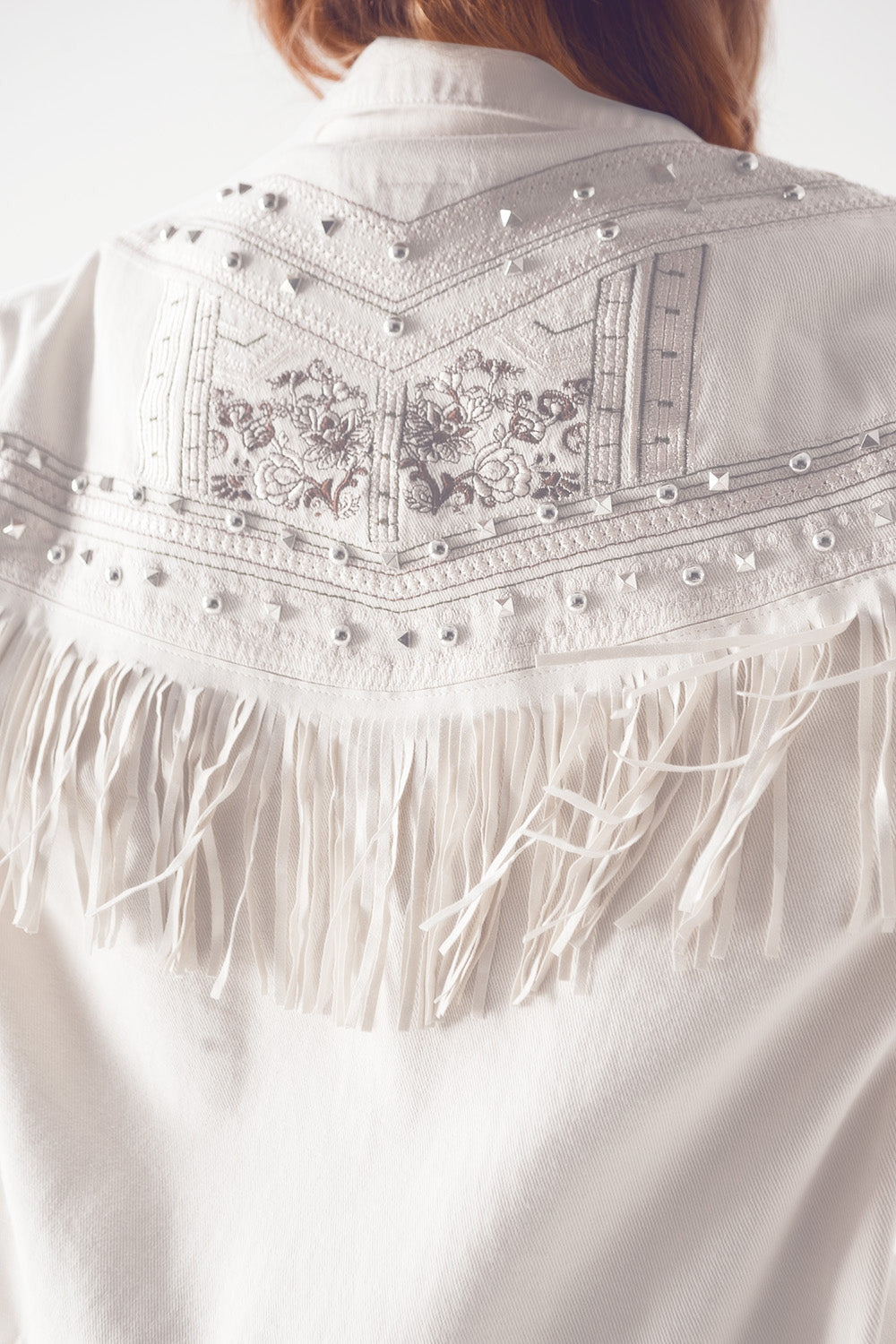 Embellished Fringe Denim Embroidered Jacket in White-5