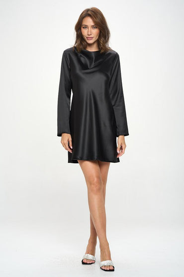 Satin Cowl Neck Long Sleeve Dress-1