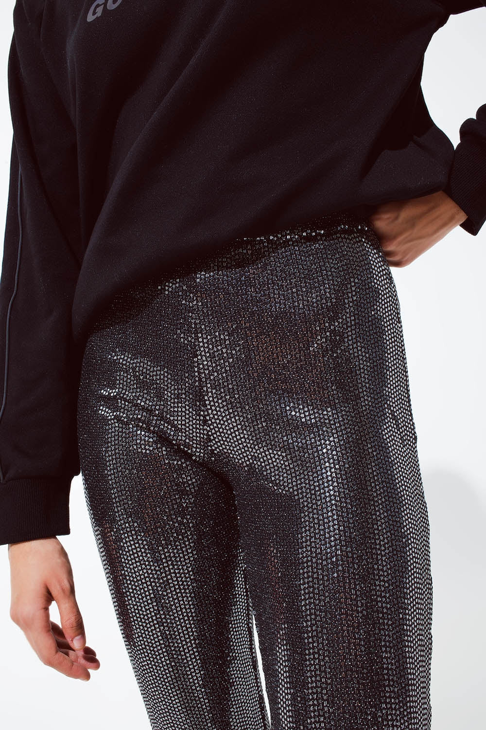 Metallic Fabric Flare Leggings in Silver