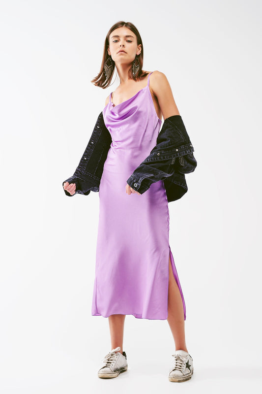 Satin Midi Dress With Cowl Neck in Lilac