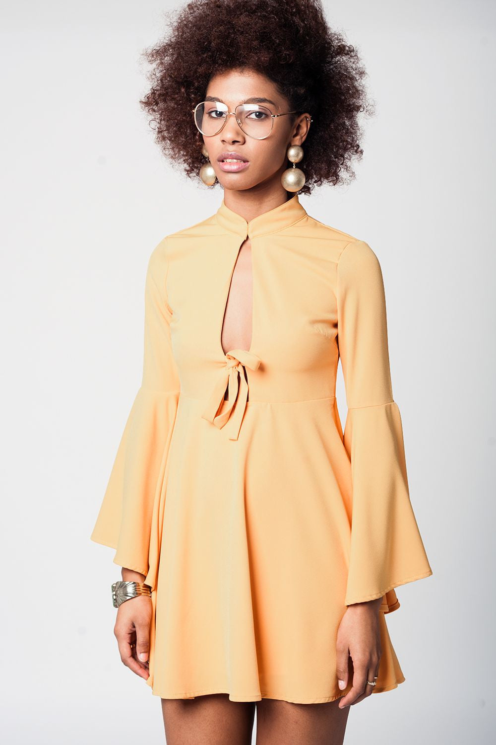 Yellow Bell Sleeve Plunge Dress-0