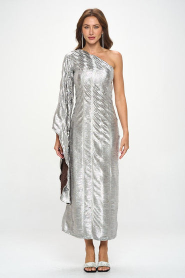 Metallic One Shoulder Bell Sleeve Maxi Dress-1