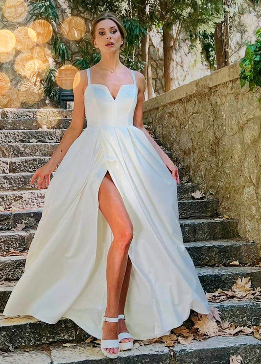 Marquise White Cream Satin Bridal Dress with a Slit-0