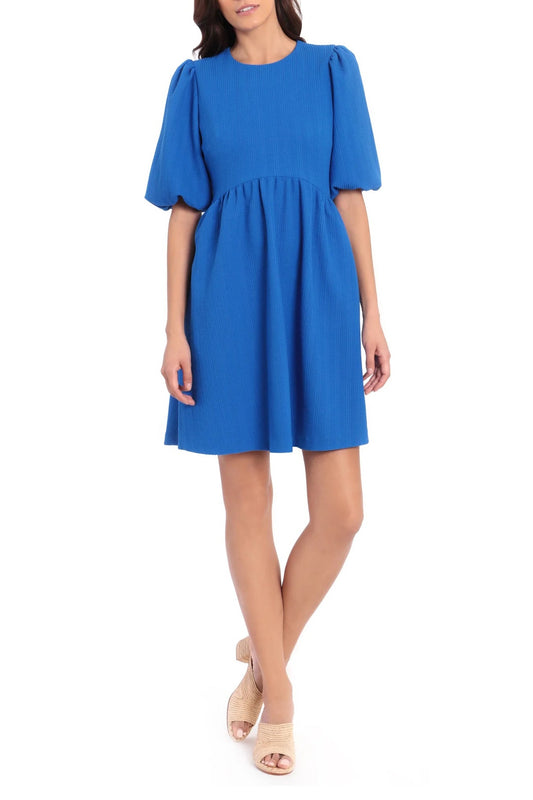 Maggy London Crew Neck Puff Short Sleeves Back Zipper Short Knit Dress-0