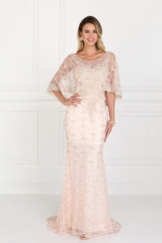 Mesh Mermaid with Embroidered Cape Sleeves Long Mother Of The Bride Dress GLGL1535-0