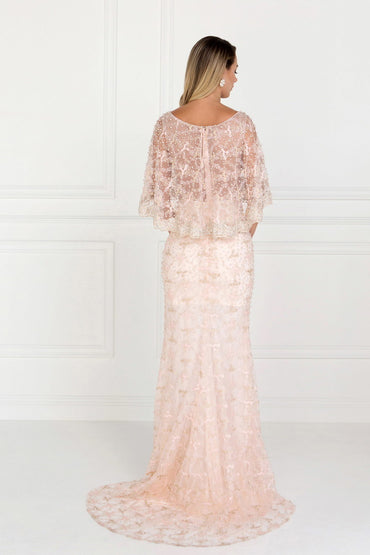 Mesh Mermaid with Embroidered Cape Sleeves Long Mother Of The Bride Dress GLGL1535-1