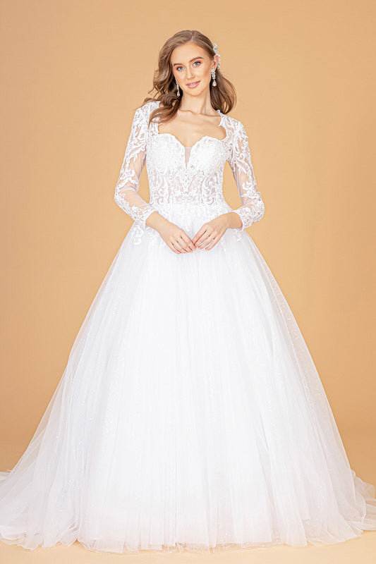 Illusion V-Neck Embroidered Mesh w/ Sequin Lining Long Wedding Dress GLGL1804-0