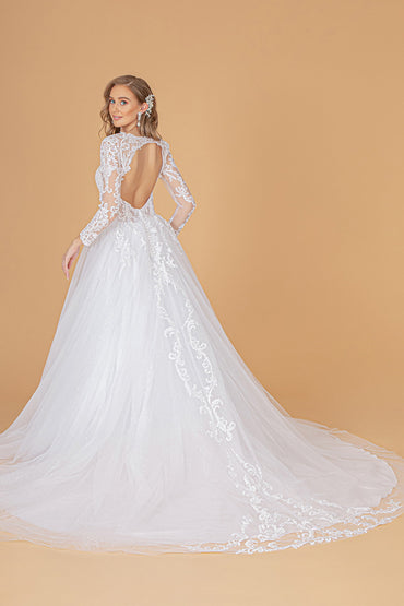 Illusion V-Neck Embroidered Mesh w/ Sequin Lining Long Wedding Dress GLGL1804-1