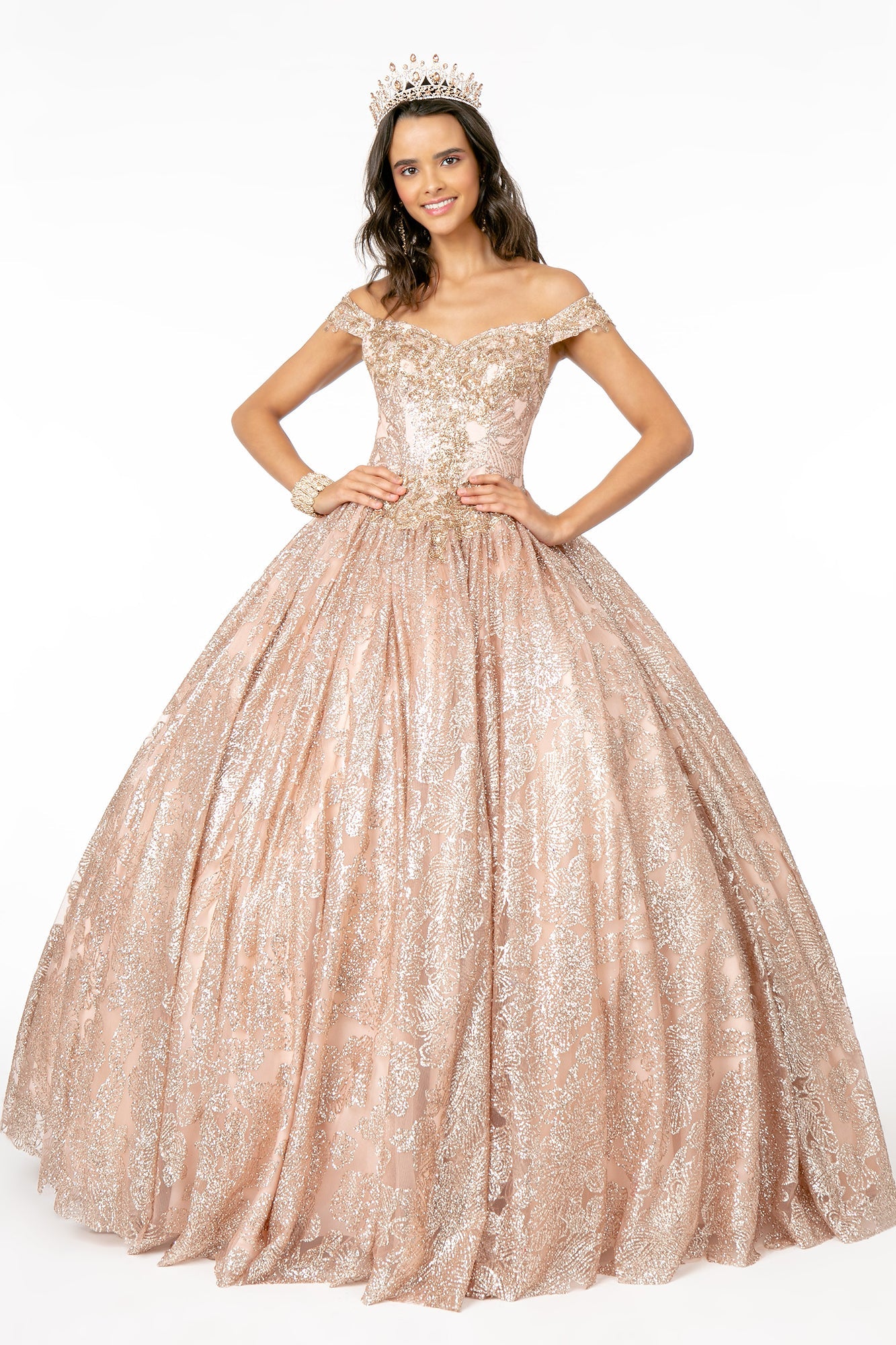 Sweetheart Neckline Cut-Away Shoulder Glitter Mesh Long Quinceanera Dress GLGL1820-4
