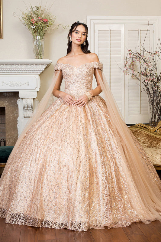 Cut-Away Shoulder Sweethearted Glitter Mesh Quinceanera Dress GLGL1926-0