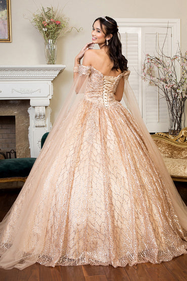 Cut-Away Shoulder Sweethearted Glitter Mesh Quinceanera Dress GLGL1926-1