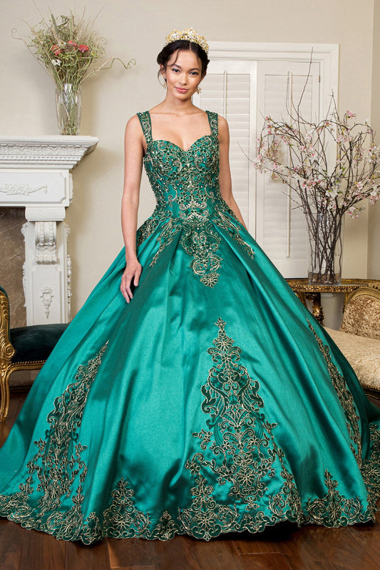Embroidered Mesh Strap Satin w/ Mesh Tail Quinceanera Dress - Mask Not Included GLGL1930-0