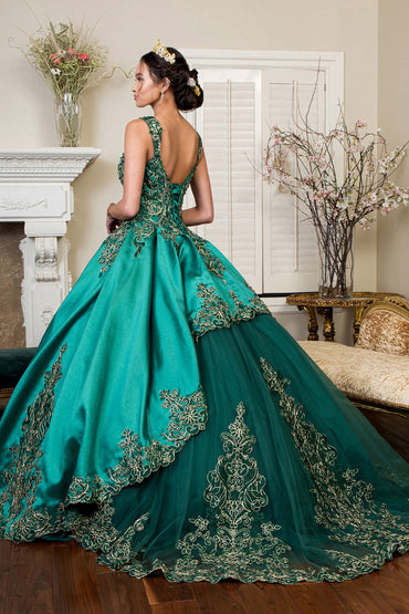 Embroidered Mesh Strap Satin w/ Mesh Tail Quinceanera Dress - Mask Not Included GLGL1930-1