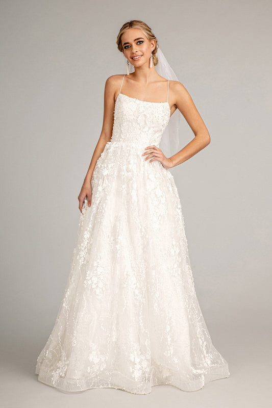 Floral Embroidered Lace-Up Mesh w/ Sweetheart Neckline Long Wedding Dress GLGL1985-0